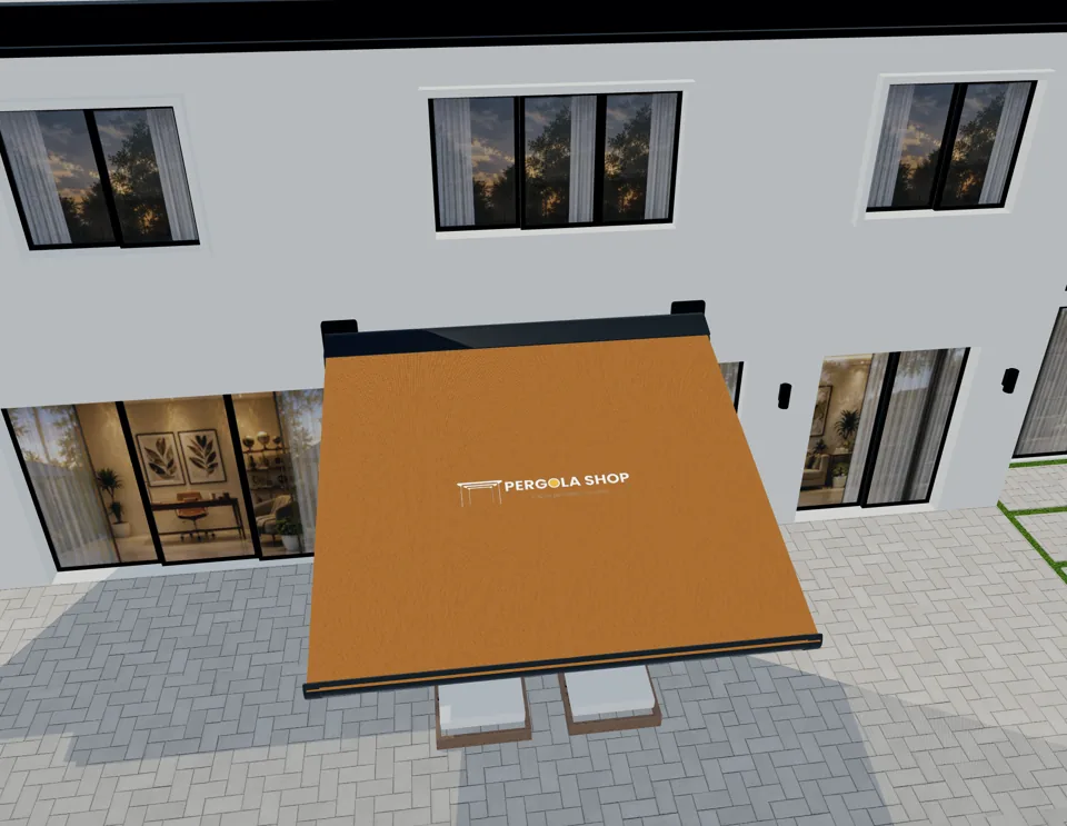 Vue 3D d’un produit configurable (store) pour illustrer Marchés méditerranéens : configurateurs de stores et protections solaires, logiciel sur mesure et déploiement.