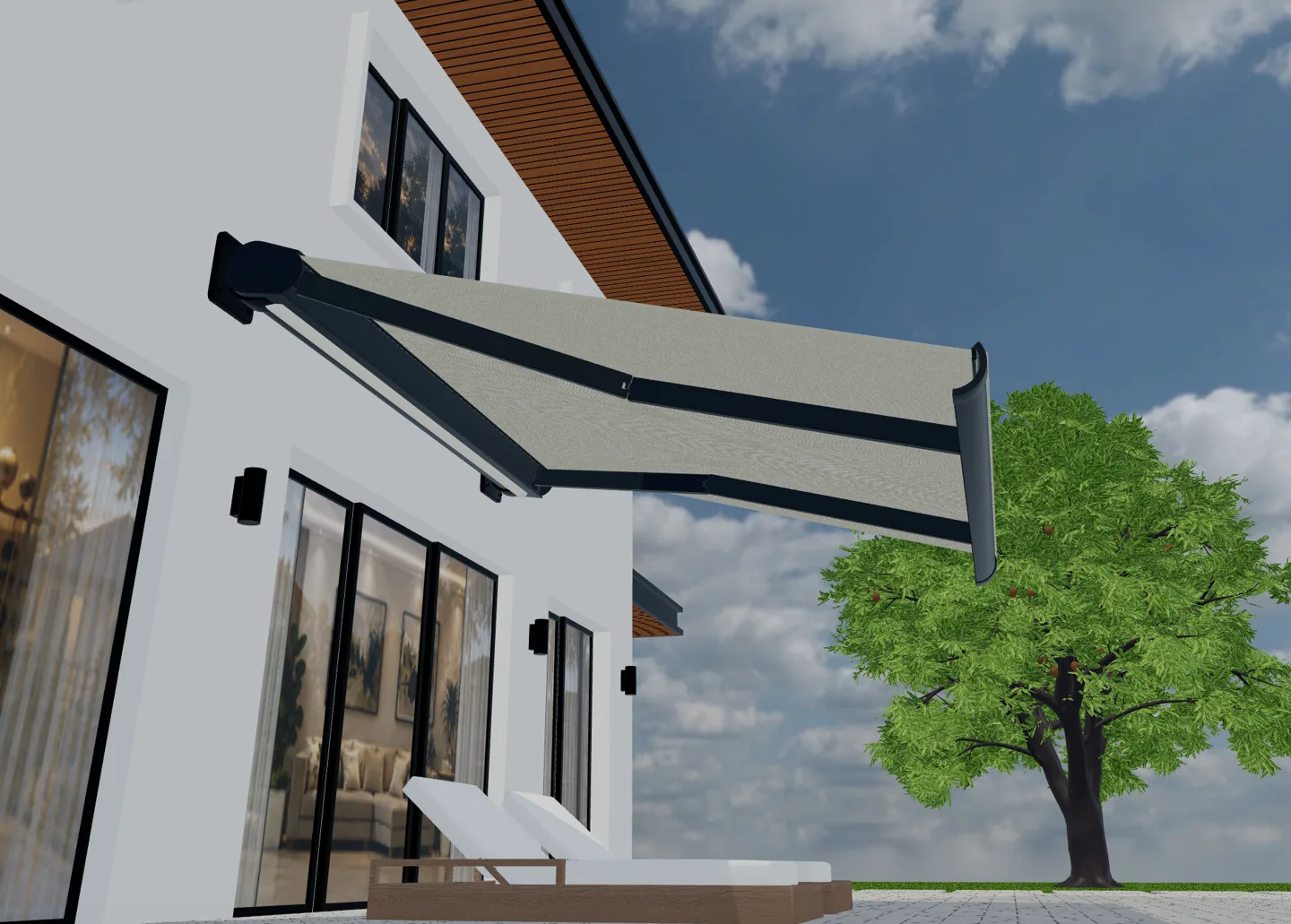 Vue 3D d’un produit configurable (pergola) pour illustrer Espagne : logiciel de configurateur 3D sur mesure et déploiement.