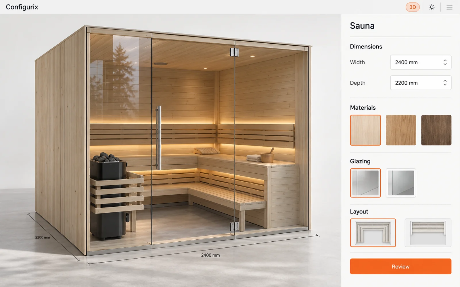 Illustration d'un configurateur de saunas avec cabine en bois, façade vitrée, banquettes et choix des matériaux