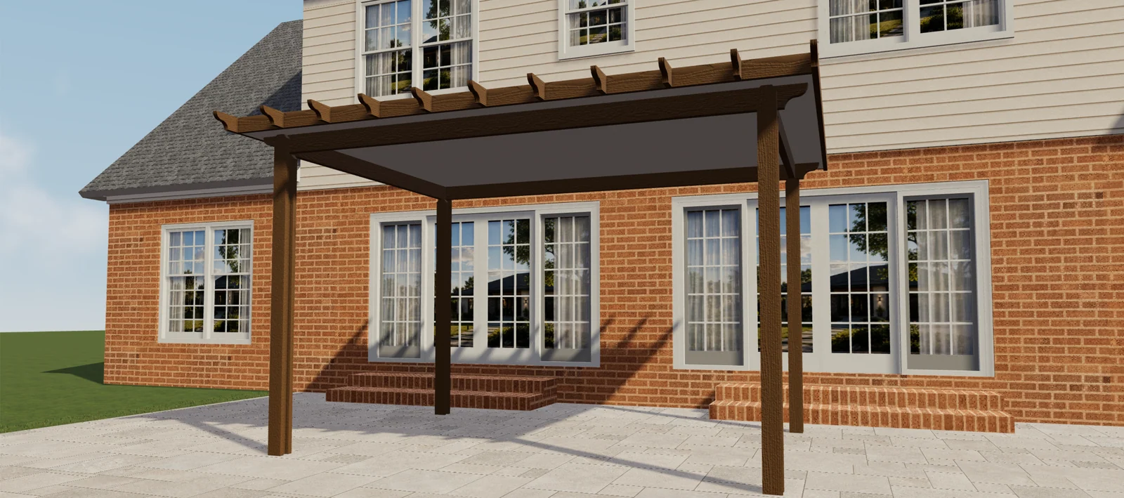 Pergola couverte marron Elite Aluminum devant une maison en briques dans une vue produit Configurix