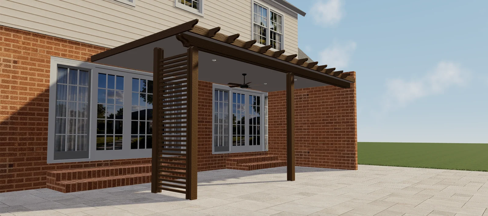 Aperçu 3D d’une pergola marron couverte avec panneau latéral à lames, ventilateur et éclairages encastrés.