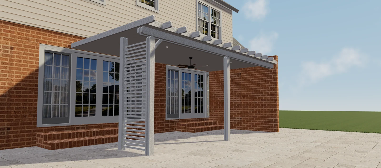 Aperçu 3D d’une pergola blanche couverte avec panneau latéral à lames, ventilateur et éclairages encastrés.