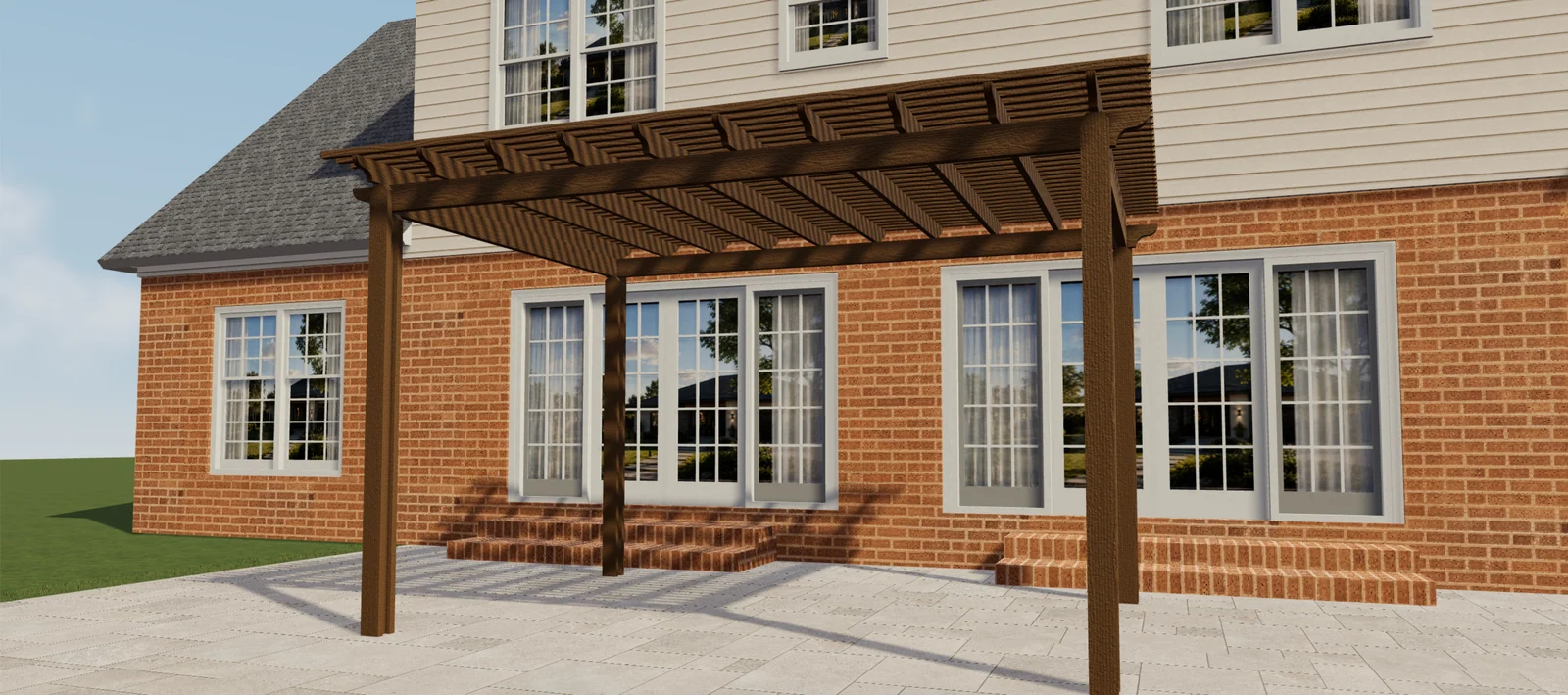 Vue de face d’une pergola marron aspect bois à lames ouvertes dans une scène 3D de terrasse.
