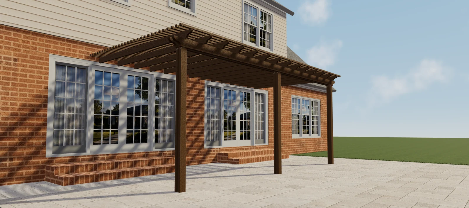 Vue latérale d’une pergola marron aspect bois avec lames ouvertes, poteaux et extrémités décoratives de poutres.