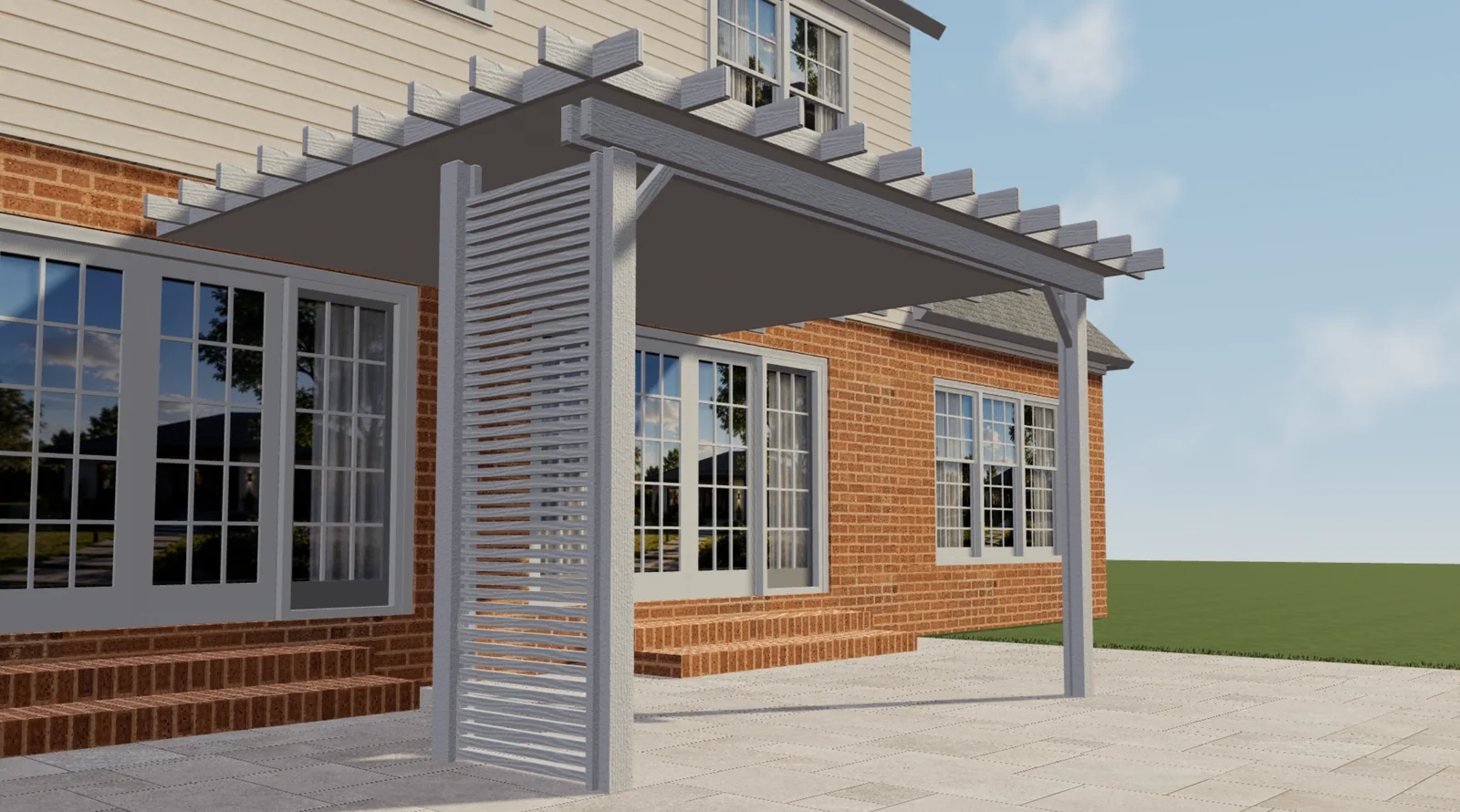 Aperçu 3D du configurateur Elite Aluminum : pergola blanche avec toit plein, extrémités décoratives, renforts diagonaux et panneau latéral à lames près d’une maison en briques.