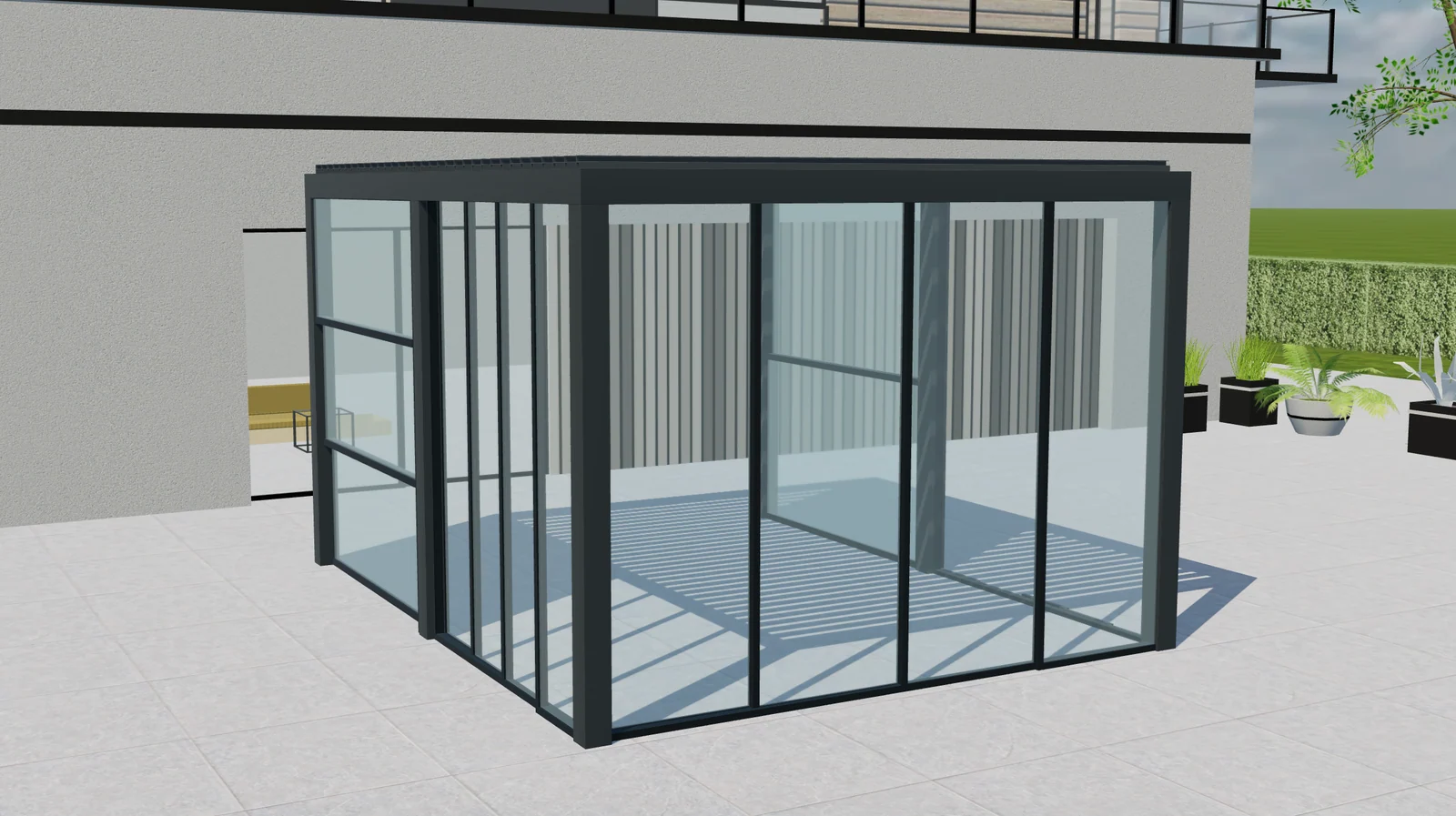 Aperçu 3D d’une pergola Tenteks Italia avec cadre sombre, lames de toit ouvertes et panneaux vitrés dans différentes positions.