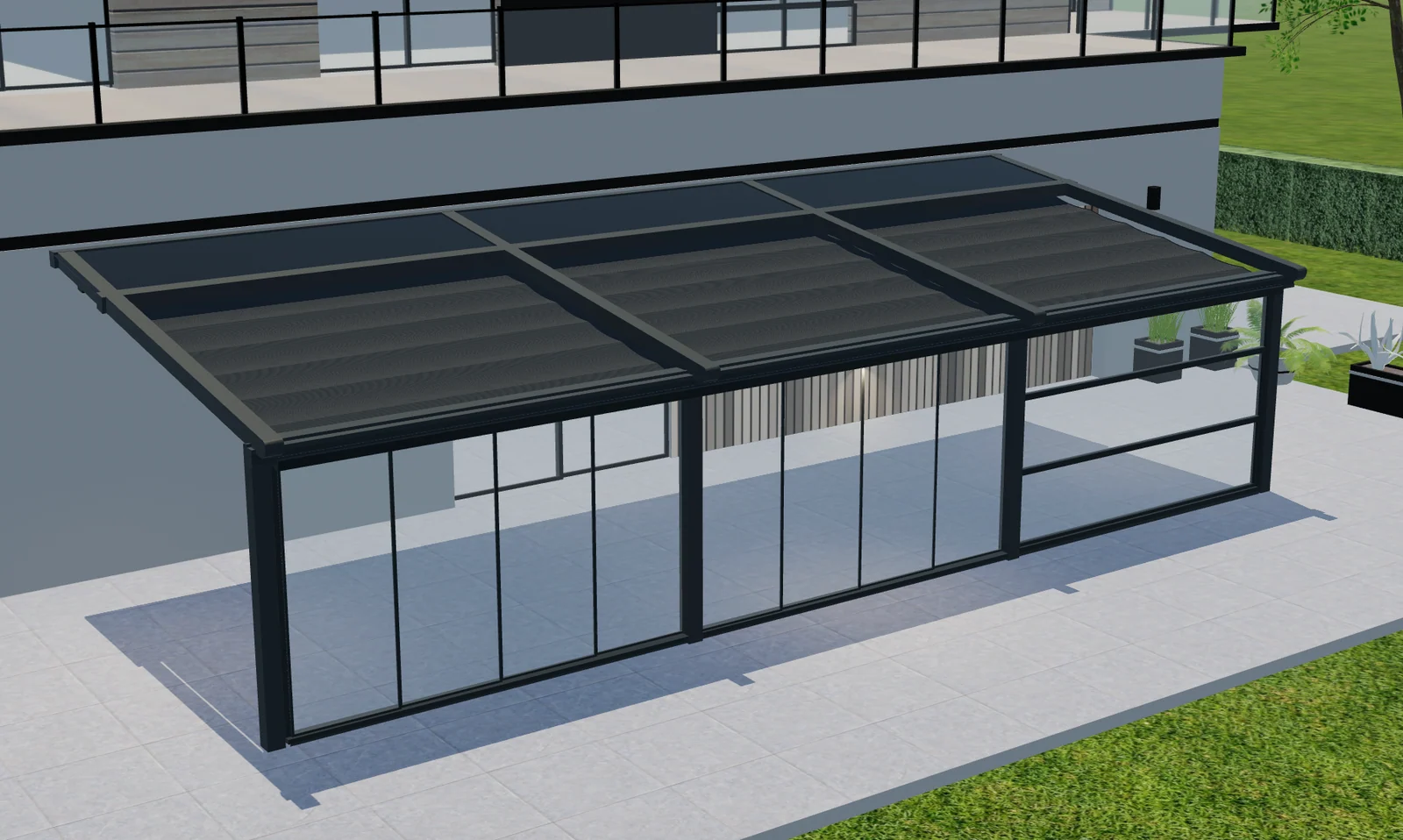 Aperçu 3D surélevé d’une pergola à cadre sombre montrant panneaux de toiture et façade vitrée.