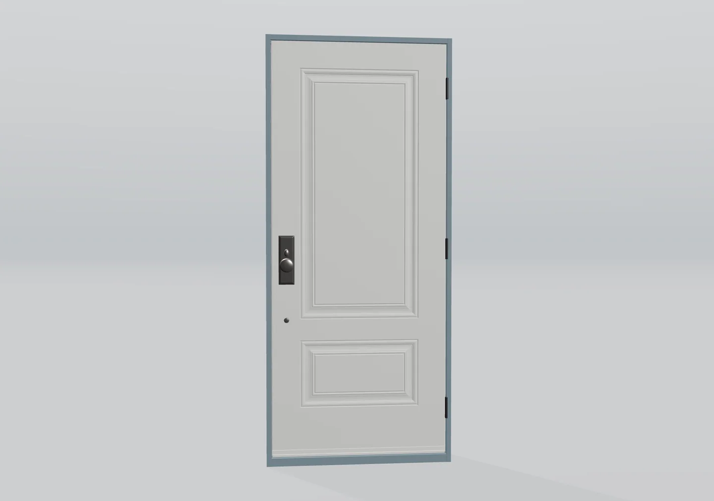Porte simple en 3D avec deux panneaux moulurés et bouton rond foncé sur plaque rectangulaire.