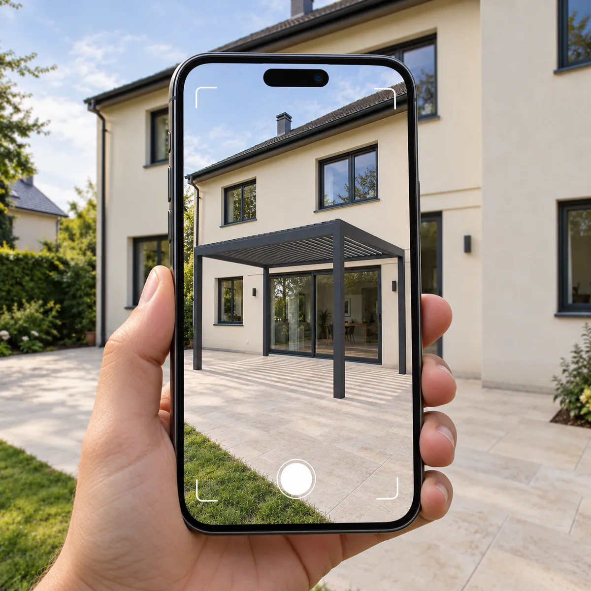 Visualisation en réalité augmentée sur un téléphone : un modèle de pergola à lames sur la terrasse, devant la maison.