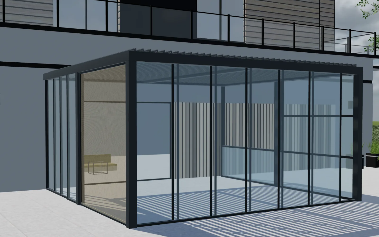 Vue 3D d’un produit configurable (pergola) pour illustrer Europe : configurateurs de pergolas, logiciel sur mesure et déploiement.