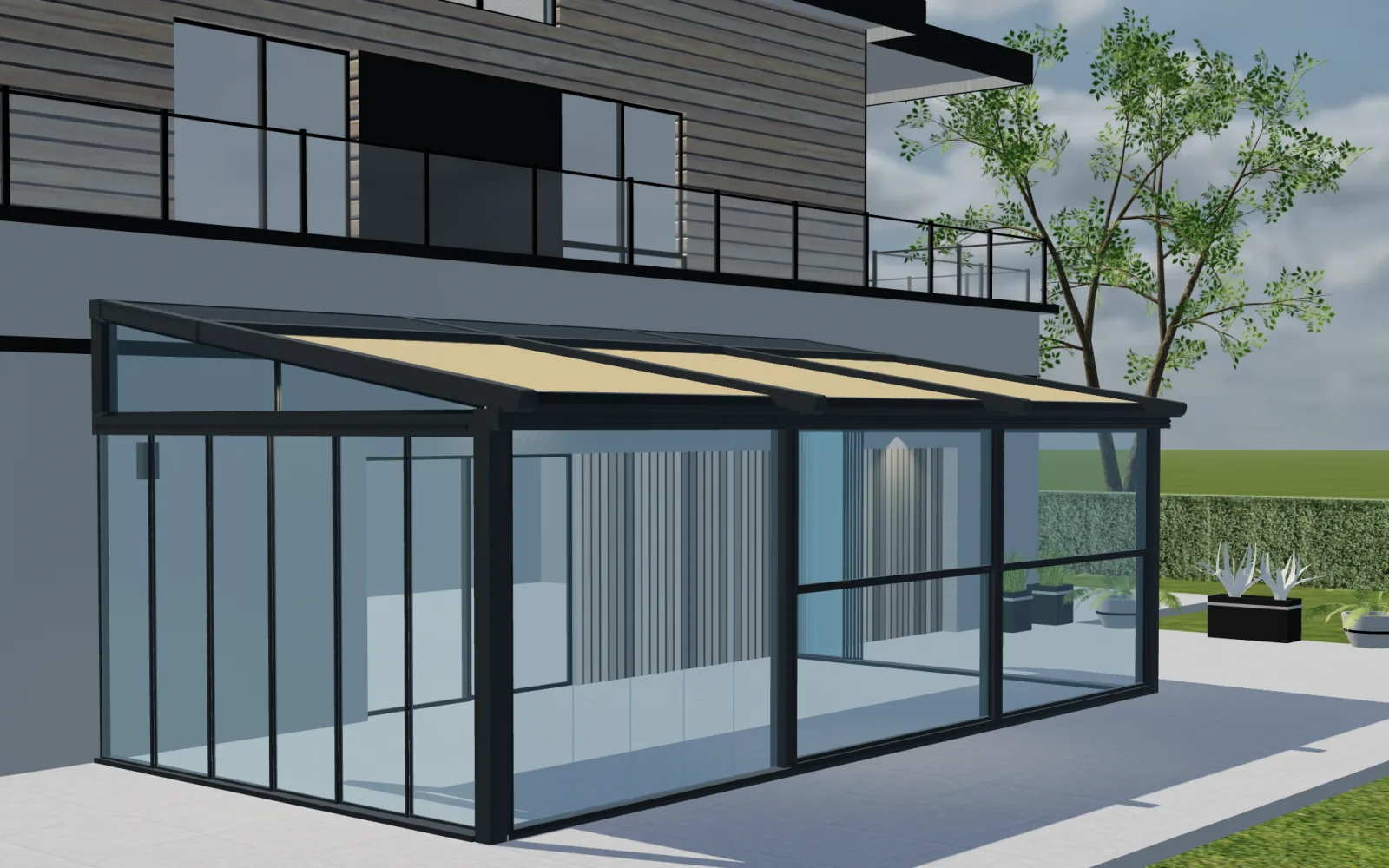 Configurateur 3D de pergolas Configurix présentant une pergola vitrée adossée avec un toit en toile partiellement déployé