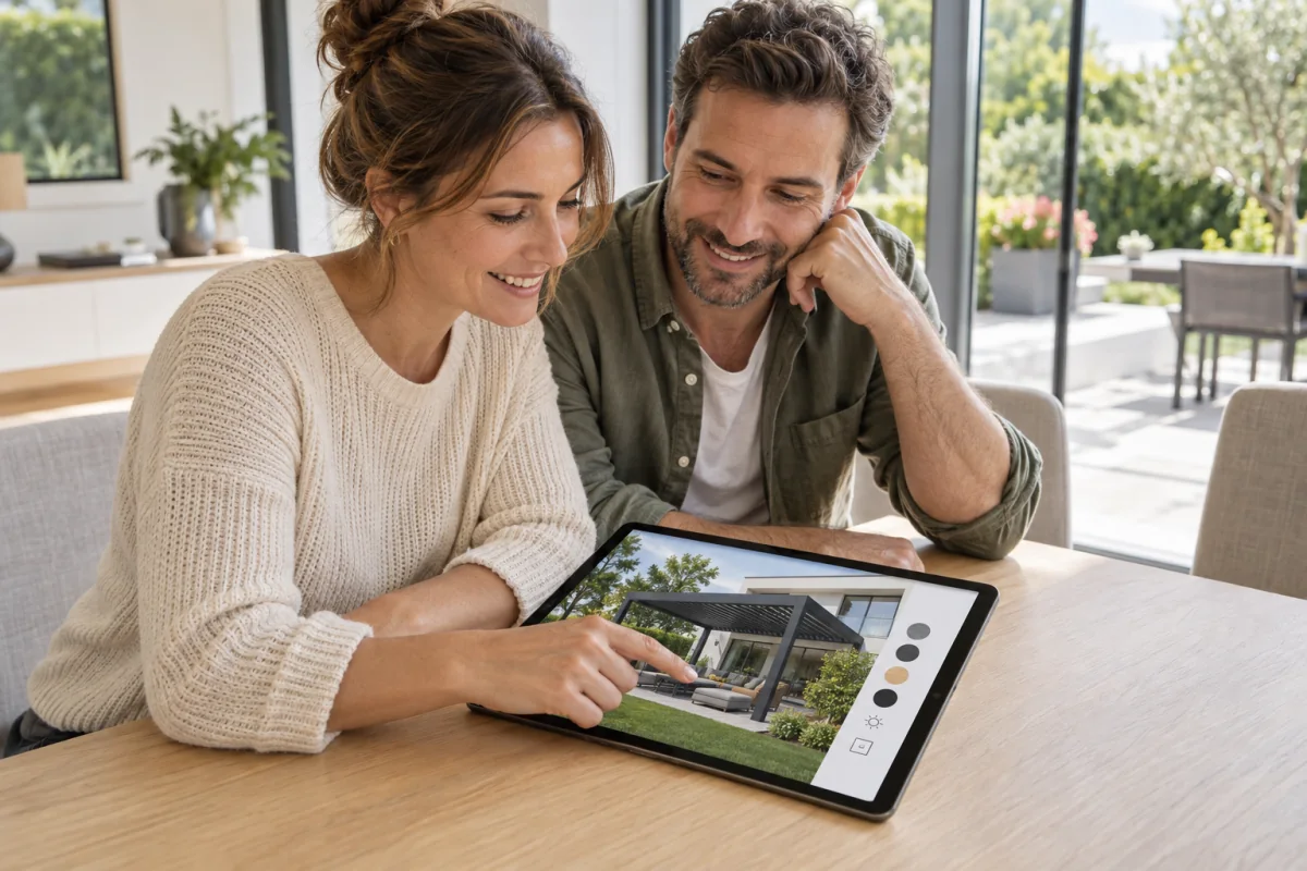 Scène illustrative : des clients heureux choisissent leur pergola en ligne avec un configurateur 3D interactif sur une tablette.