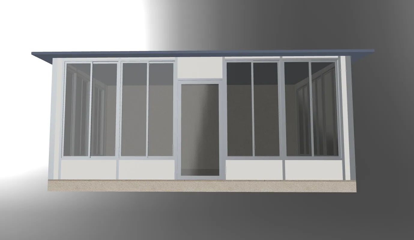 Façade avant du jardin d’hiver avec porte centrale, hauts vitrages et panneaux pleins en partie basse.